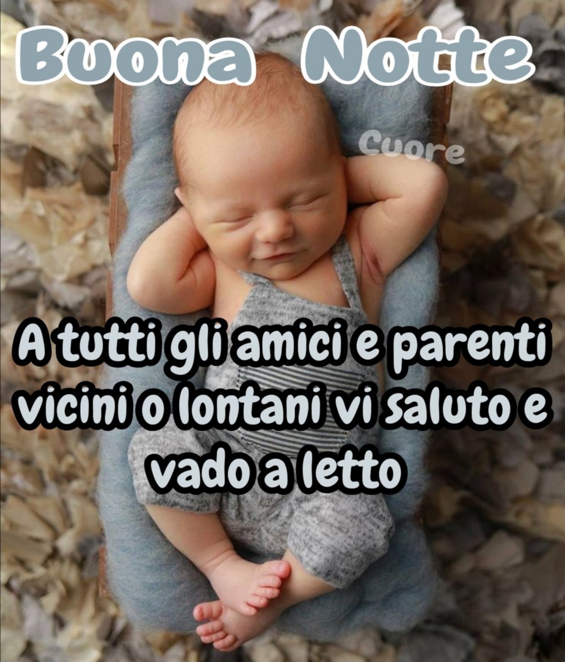 Buona notte a tutti gli amici e parenti vicini e lontani vi saluto e vado a letto