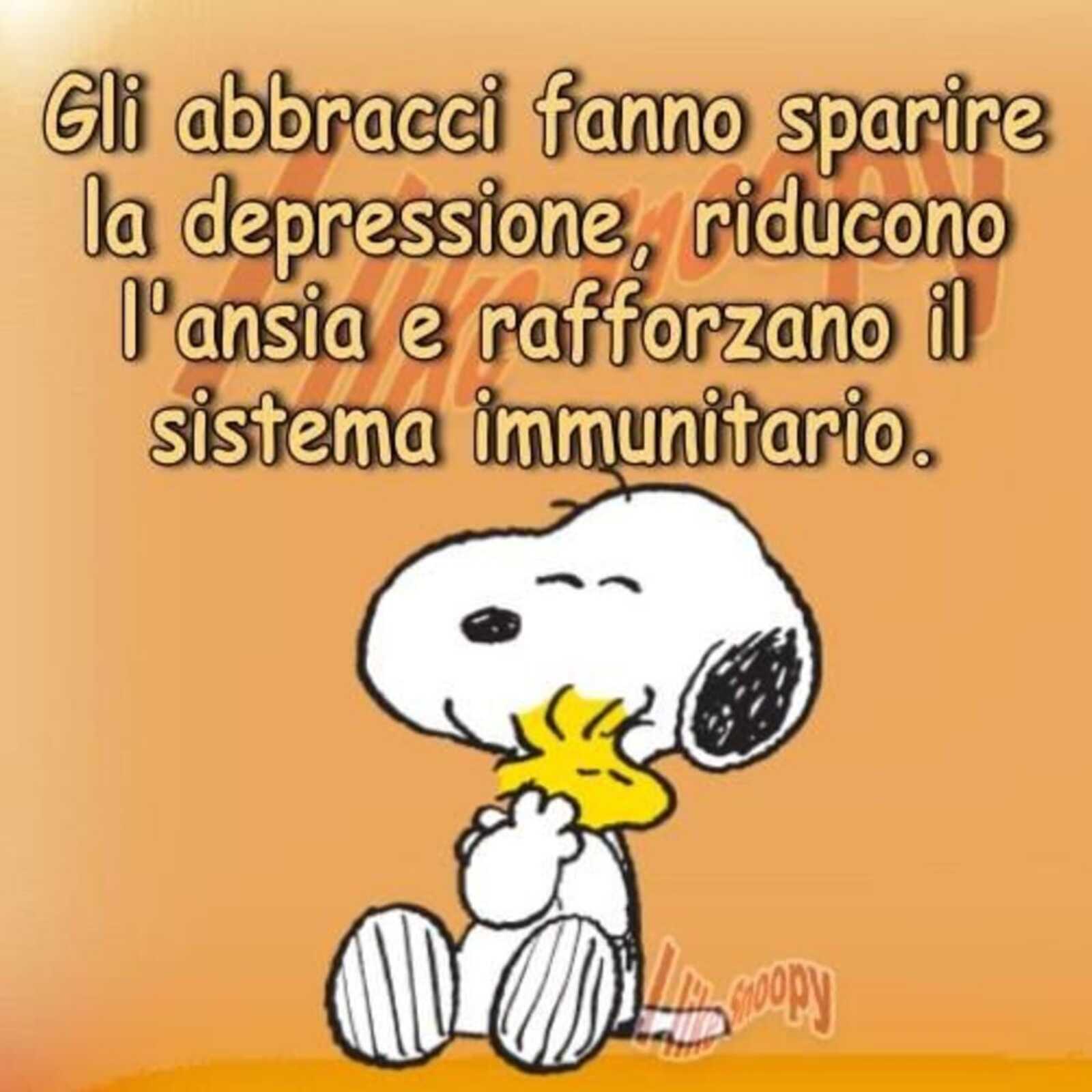 Gli abbracci fanno sparire la depressione riducono l’ ansia e rafforzano il sistema immunitario Snoopy